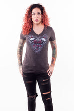 Twin Rose Skulls Burn Out V Neck Tee