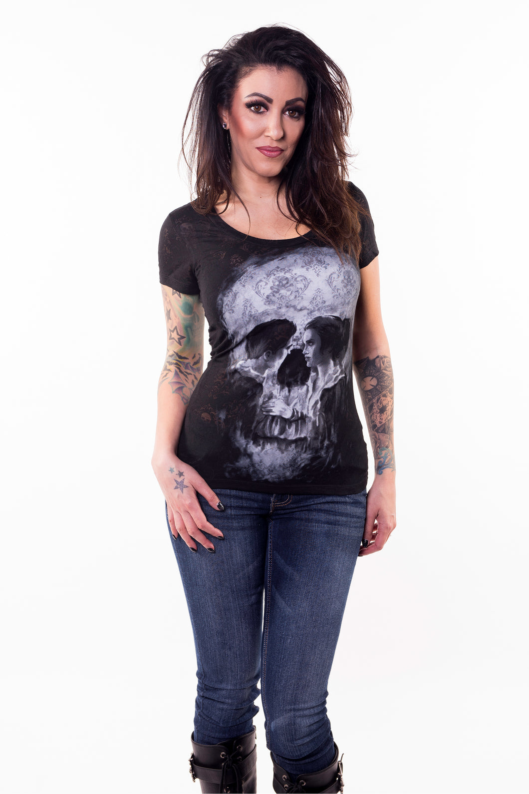 Skull Couple Burn Out Scoop Neck Tee