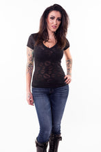 Lip Pattern Burn Out V-Neck Tee - No Printed Graphic