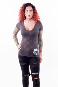 Wing Skull Burn Out Scoop Neck Tee