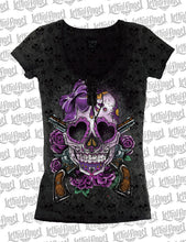 Vintage Day of the Dead Skull n Guns Burn Out Lace Up Tee