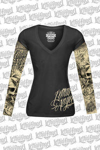 Skull Butterfly Tattoo Sleeve V Neck Shirt