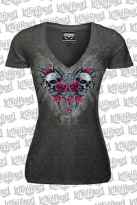 Twin Rose Skulls Burn Out V Neck Tee